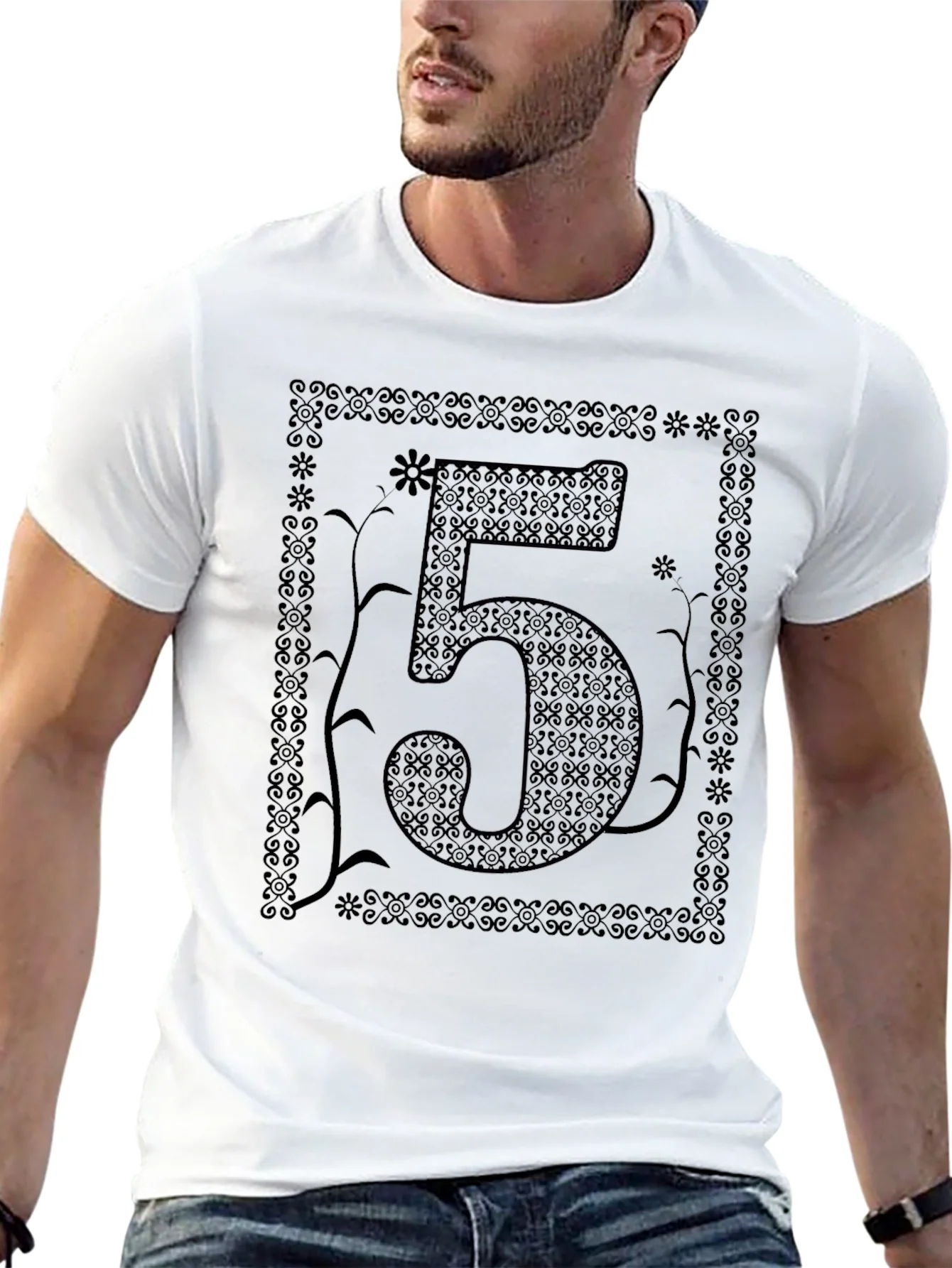 Floral Number 5 Graphic Print Black T-Shirt