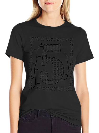 Floral Number 5 Graphic Print Black T-Shirt