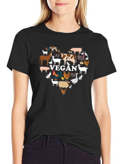 Vegan Animal Heart T-Shirt -  Black Crew Neck