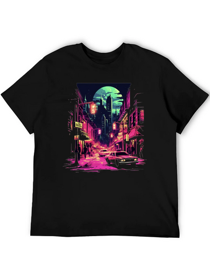 Retro Cityscape Tee - Black Cotton Blend
