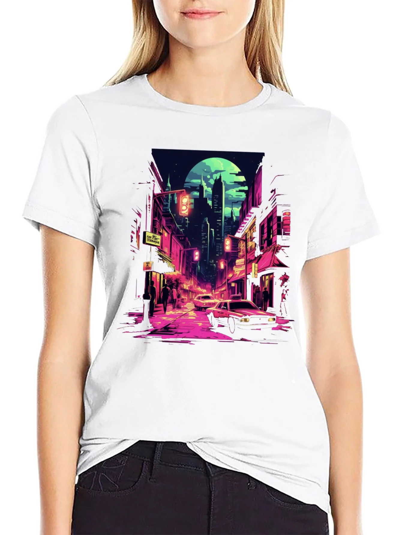 Retro Cityscape Tee - Black Cotton Blend