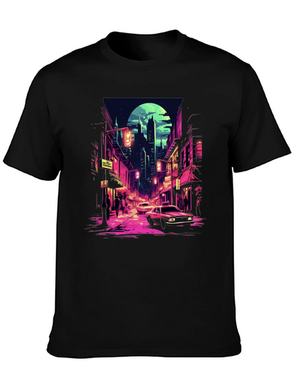 Retro Cityscape Tee - Black Cotton Blend
