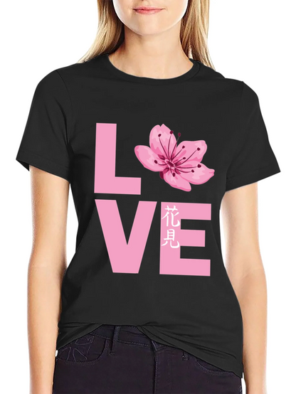 Love Cherry Blossom Graphic T-Shirt - Black