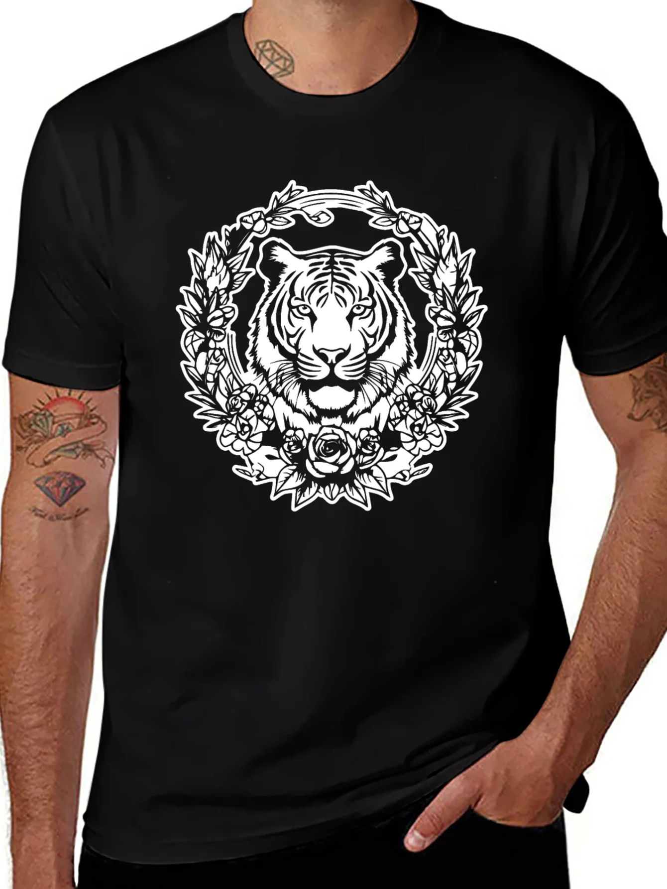 Tiger Floral Wreath Graphic Tee - Black