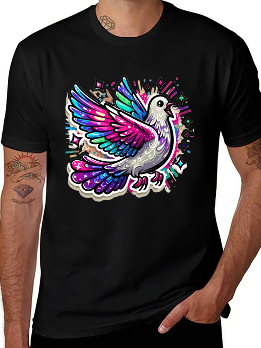 Colorful Dove Graphic Tee - Black Cotton T-Shirt