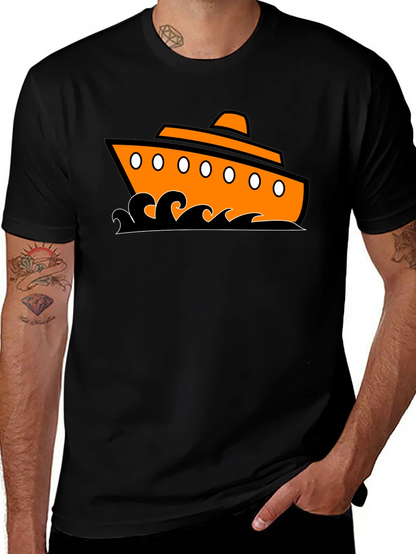 Nautical Ship Graphic Tee - Black Cotton