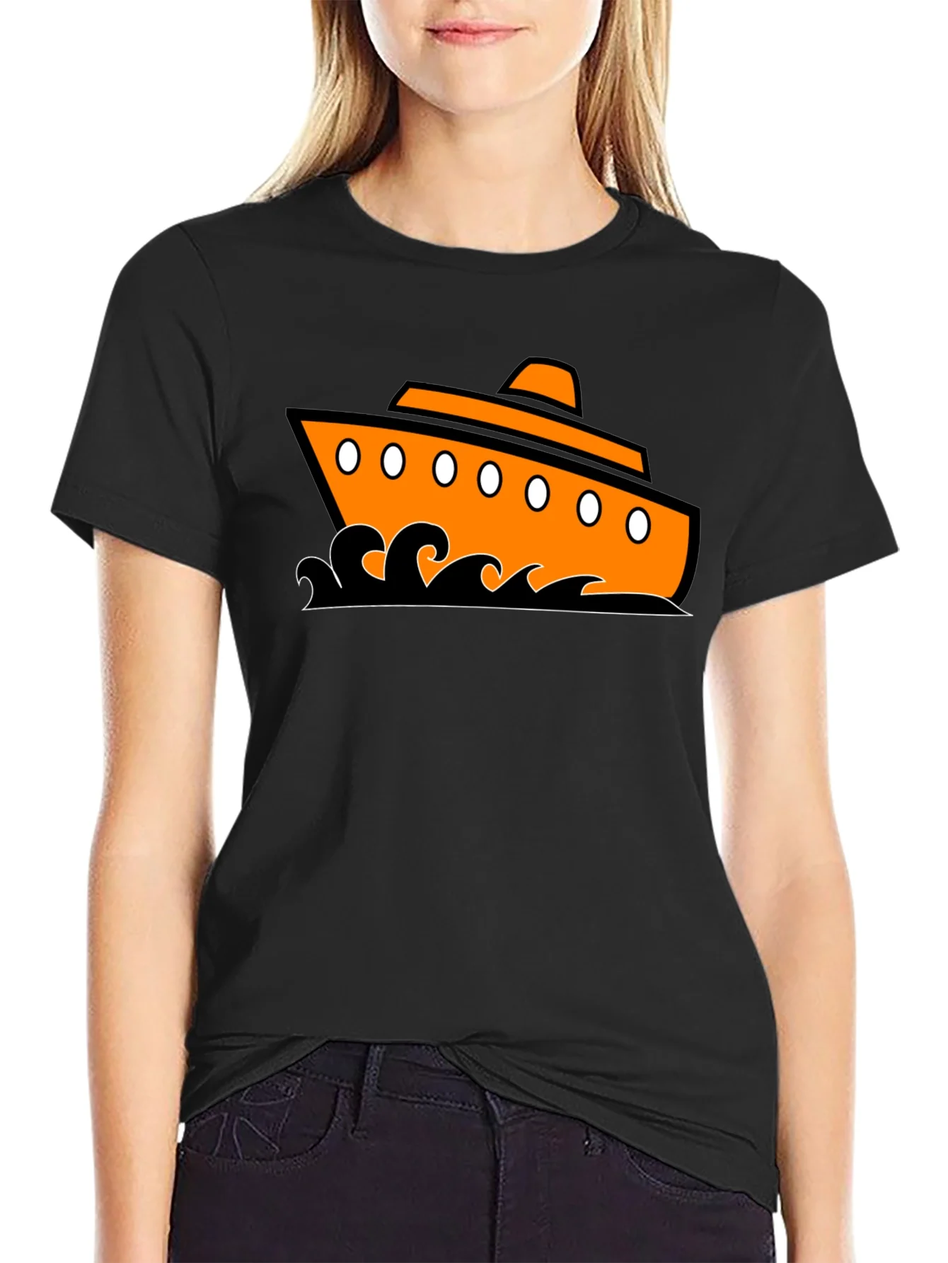 Nautical Ship Graphic Tee - Black Cotton