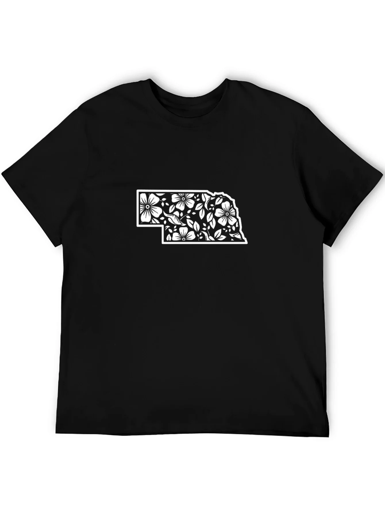 Nebraska Floral State Outline Black T-Shirt