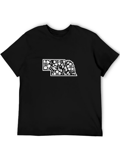 Nebraska Floral State Outline Black T-Shirt