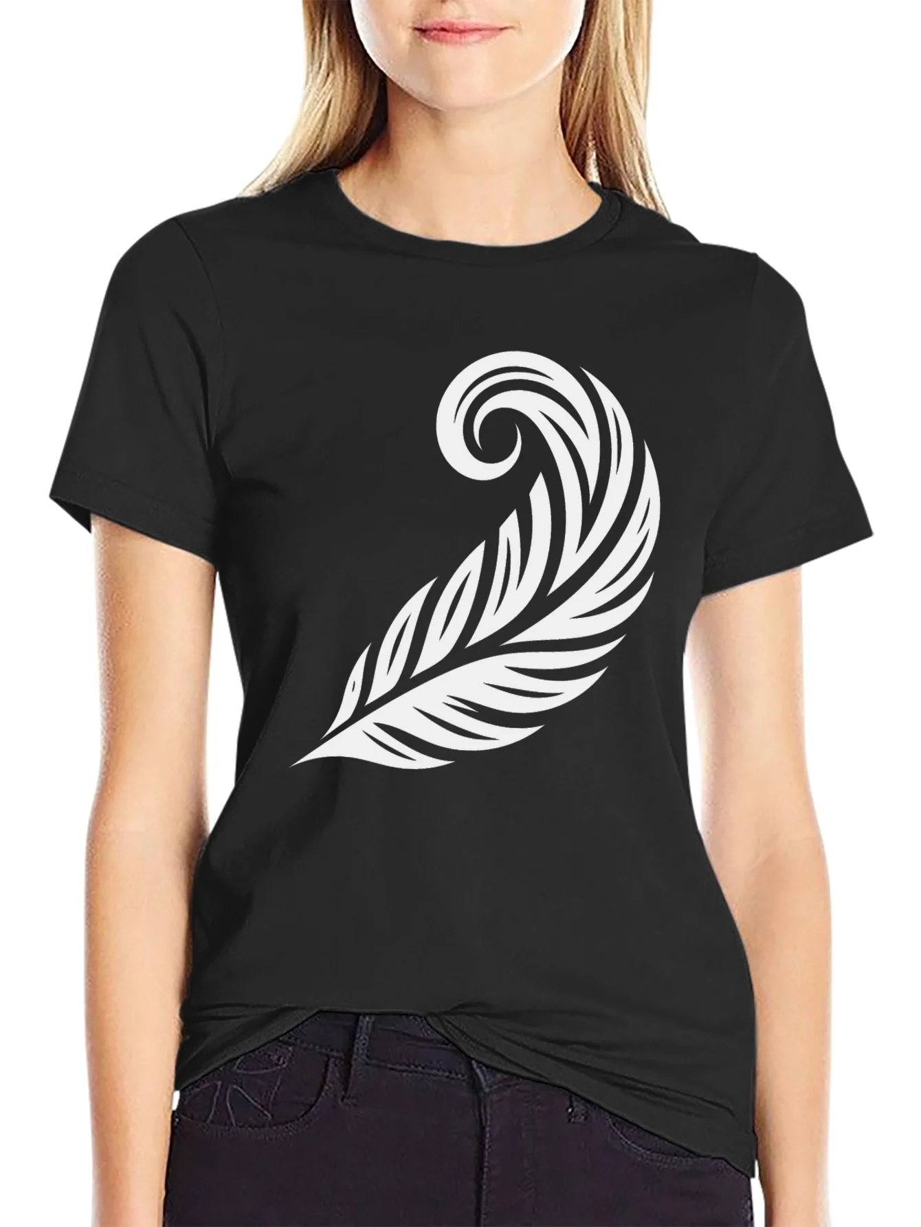 Stylish Feather Graphic Tee - Black