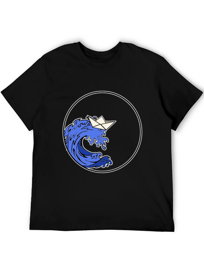 Paper Boat Wave Graphic Black T-Shirt