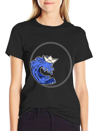 Paper Boat Wave Graphic Black T-Shirt